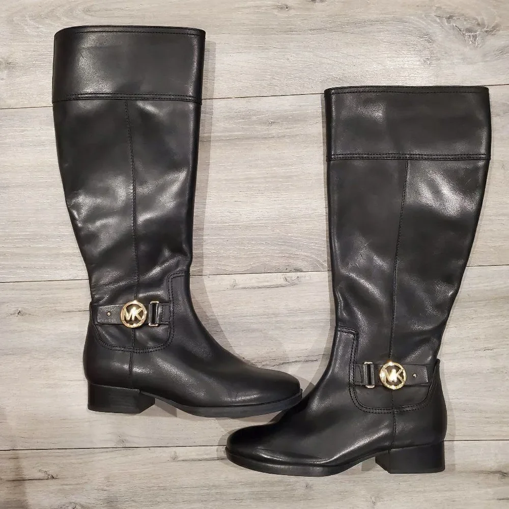 Michael Kors Women Black Leather Riding Harness Boots Knee High Size 6M